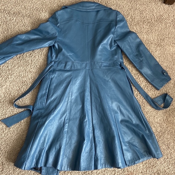 Vintage leather dress coat double breasted with belt steel blue size 12-14 - Picture 5 of 13